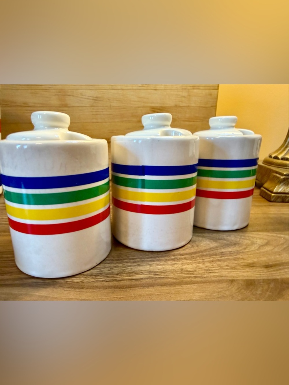 3pcs Set Lidded Ceramic Condiment/Spice jars with spoon slot-Queen Anne Stripes